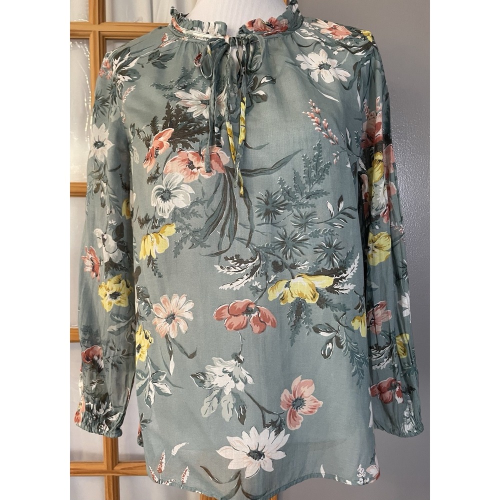 Loft Floral Blouse Size M Sage Green Semi Sheer Long Sleeve Front Tie Boho